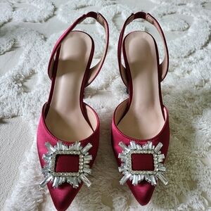 Rhinestone pyramid heeled slingback pumps